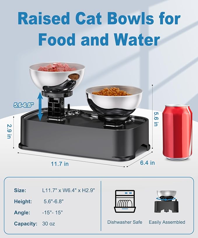 Elevated Cat Bowls, 15° Tilted in Both Way & 4 Height Adjustable Raised Cat Food Bowl, Cats Dish for Food and Water with 2 Stainless Steel Bowls, Anti Vomiting for Cats Puppy, Non-Slip No Spill