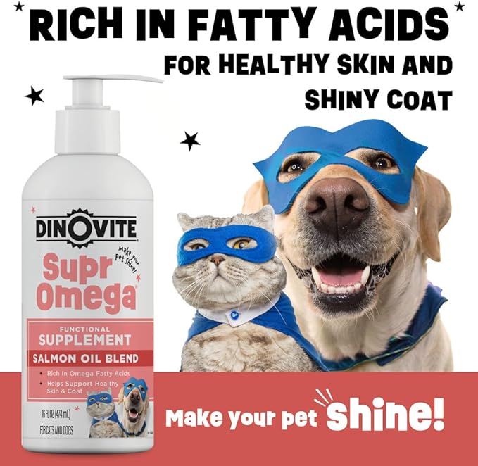 Dinovite SuprOmega Wild Caught Salmon Oil for Dogs & Cats - GMO Free Omega 3 Skin & Coat Supplement - Skin & Coat Meal Topper for Dogs & Cats - 16 oz