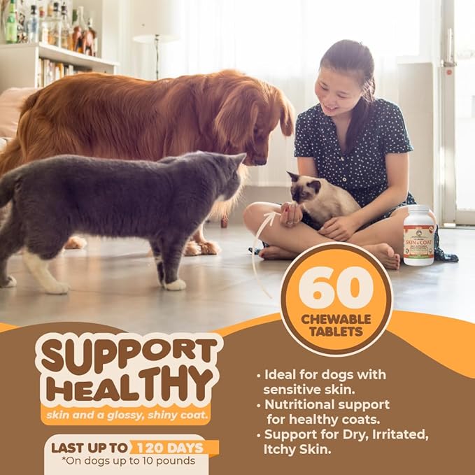 Skin and Coat Supplement with Fish Oil and Omega 3 for Dogs and Cats - Dog Itch Relief Pet Supplement for Shedding, Dry Itchy Skin and Allergies - Dog Allergy Treatment Vitamins (2-Pack, 120 Tabs)