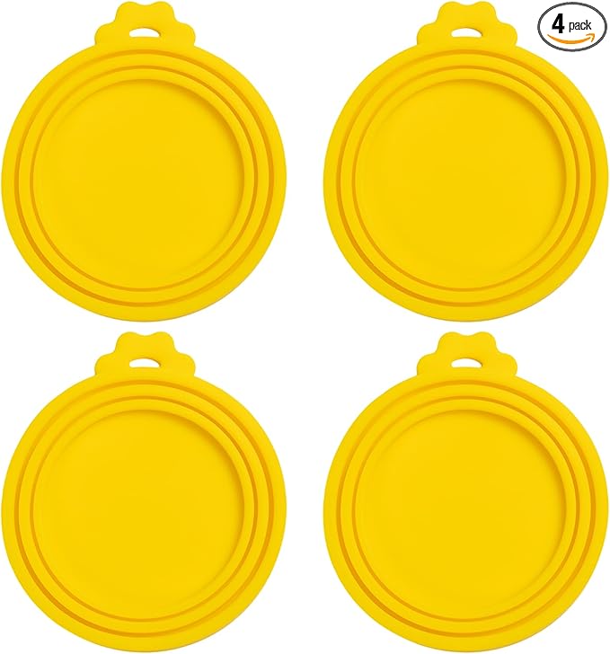PINE & LINEN 4 Pcs Durable Pet Can Lids,One fit 3 Standard Size Silicone Waterproof Cat Food Cans Lids for 3oz/5.5oz/12.5oz/13.2oz Cat Food Cans（Yellow）