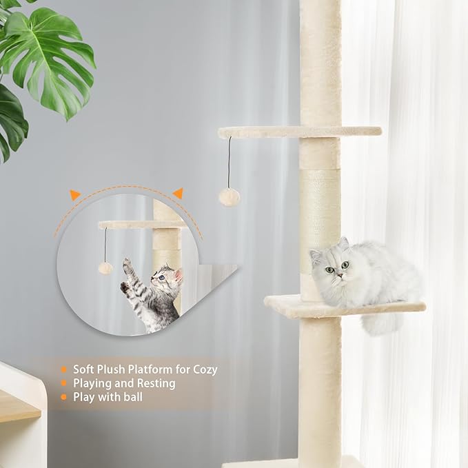 Floor to Ceiling Cat Tree,5 Tiers Tall Cat Tower with Adjustable Height(98-110),Cat Tree Floor to Ceiling with Cozy Hammock,Sisal Scratching Posts,Platforms,and Hanging Balls for Large Cats