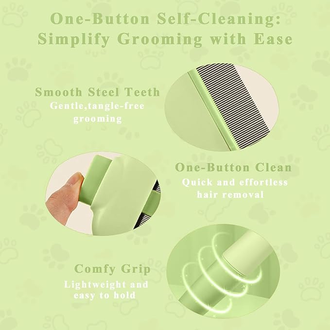 TerraKin 2-Pack Flea Comb for Dogs & Cats, One-Click Self-Cleaning Pet Grooming with Release Button, Long & Short Stainless Steel Teeth for Deshedding, Removing Fleas & Massaging,Green