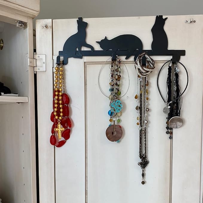 Evelots Over The Door 4 Hook Towel/Coat Rack Hanger Organizer, Kitty Cat Design-Easy No Tool Installation-Black Iron-Holds 20 lbs.