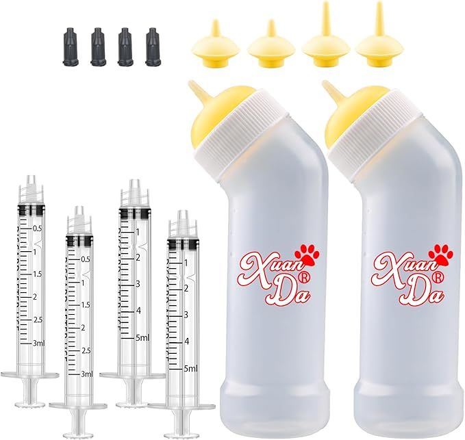 Kitten Nursing Nipple with Syringe, Wide Mouth Angled Puppy Feeding Bottles, with Ventilation Valve Resistant Tearing for Puppies, Kittens, Rabbit, Small Wildlife (S Nipple,Yellow)