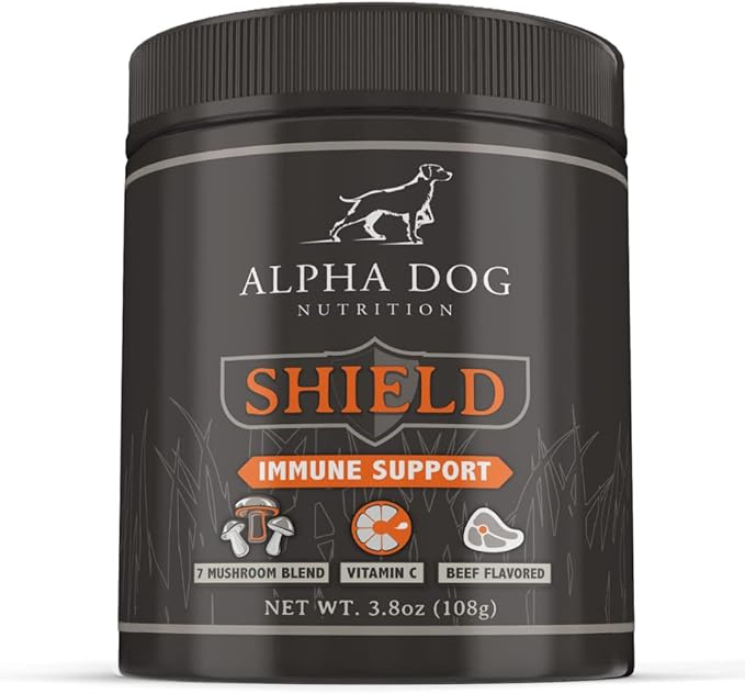 Shield Allergy Immune Support Supplement for Dogs by Alpha Dog Nutrition - 7 Nutritional Mushroom Powder Complex + Vitamin C to Boost Immunity - Up to 120 Servings for Small Breed Dogs, 108g