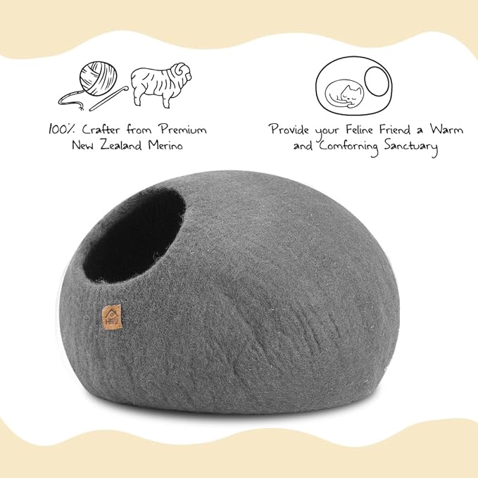 Wool Cat Cave, Handmade Felted Wool Cat Bed for Indoor Cats, Cozy Pet Hideout Pod, Natural Cat House for Kittens & Small Cats, Warm, Durable & Stylish Cat Condo (Medium, Plain Gray)