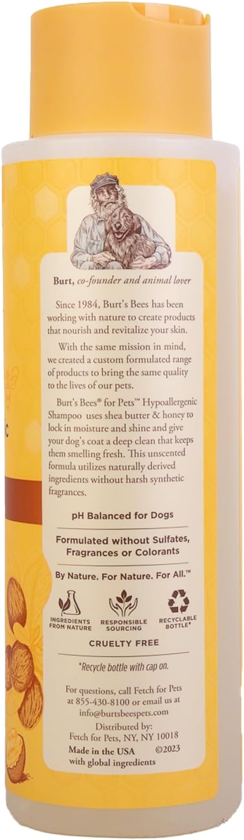 Burt's Bees for Pets Hypoallergenic Dog Shampoo with Shea Butter and Honey, Gentle Fragrance Free Shampoo for Sensitive Dogs with 95% Natural Origin Skin and Coat Formula, 16 Fl Oz
