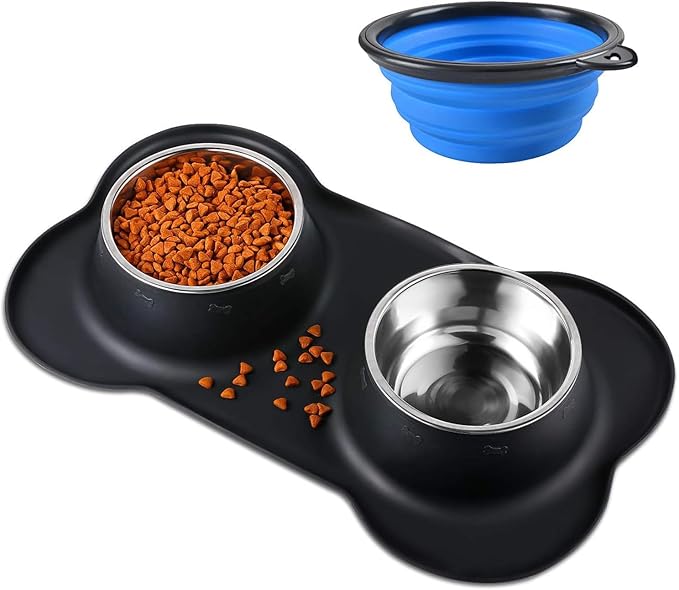 Bonve Pet Double Dog Food Bowls Stainless Steel & Water Dish with No-Spill and Non-Slip Silicone Mat, Removable Puppy Feeder Bowls for Small Medium Size Cat Dogs Kitten,14oz