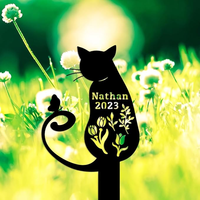 Custom Butterfly Cat Grave Marker Metal Cat Memorial Statue, Personalized Flowers Cat Memorial Stake Grave Marker, Customized Pet Cat Memorial Garden Plaque Cemetery Marker Burial Marker