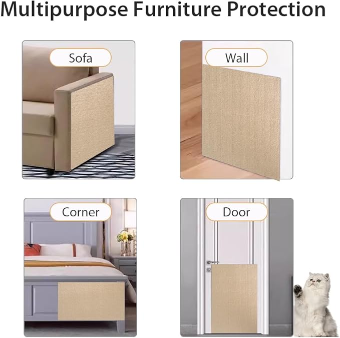 NATUYA Cat Scratcher Mat, 39.4"x15.8" Trimmable Cat Carpet Replacement for Cat Tree Shelves, Self-Adhesive Cat Couch Protector, Easy Use for Wall Furniture and Scratcher Posts, Khaki