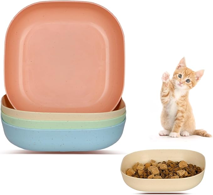 Cat Food Bowl Set, 6 inch Wide Shallow Cat Bowl for Relief Whisker Fatigue,Small Flat Cats Dish, Shallow Pet Feeding Dish or Plate for Kittens and Small Dogs (4Pcs)