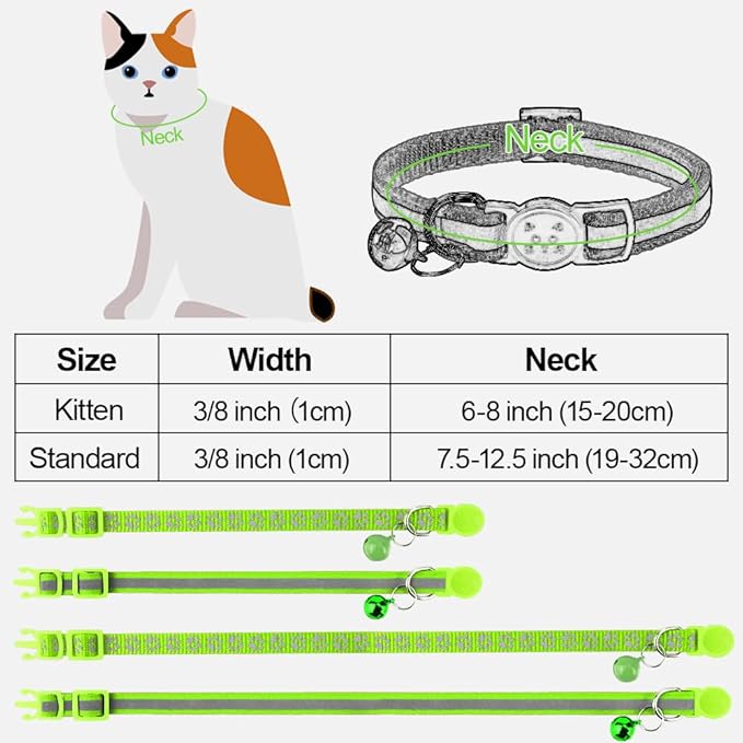 Taglory Kitten Collar Breakaway with Bell, Reflective Soft Cat Collar for Small Kittens, Adjustable 6-8 Inch High Visibility Night Strip, Lightweight for 2-6 Months Baby Cats, 2 Pack, Green