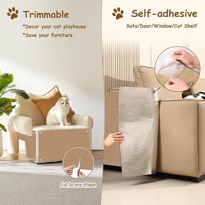 NATUYA Cat Scratcher Mat, 39.4"x15.8" Trimmable Cat Carpet Replacement for Cat Tree Shelves, Self-Adhesive Cat Couch Protector, Easy Use for Wall Furniture and Scratcher Posts, Khaki