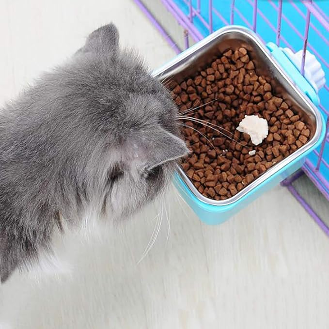 Love Dream Crate Dog Cat Bowls, Hanging Pet Cage Food Water Feeder with Removable Stainless Steel Bowls and Bolt Holder for Puppy Cat Rabbit Birds (Small, Blue)