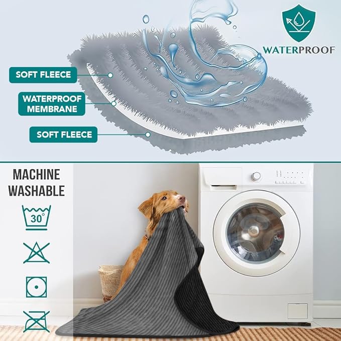 PetAmi Waterproof Dog Blanket, Leakproof Pet Blanket for Small Medium Large Dogs, Reversible Furniture Bed Sofa Couch Cover Protector, Plush Striped Pet Throw for Indoor Cat, 29x40 in, Black Grey
