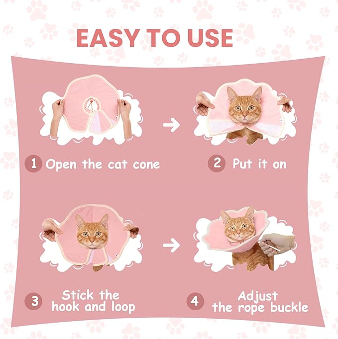 Soft Adjustable Cat Recovery Collar, Lightweight Waterproof Elizabethan Cone for Cats – Comfortable Protective Cat Cone to Prevent Licking After Surgery, Grooming & Skin Care (Pink, S)