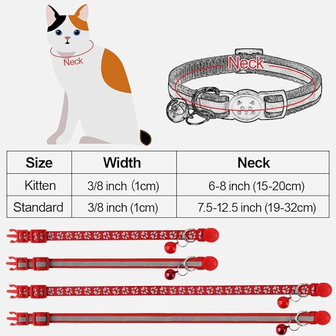 Taglory Kitten Collar Breakaway with Bell, Reflective Soft Cat Collar for Small Kittens, Adjustable 6-8 Inch High Visibility Night Strip, Lightweight for 2-6 Months Baby Cats, 2 Pack, Red