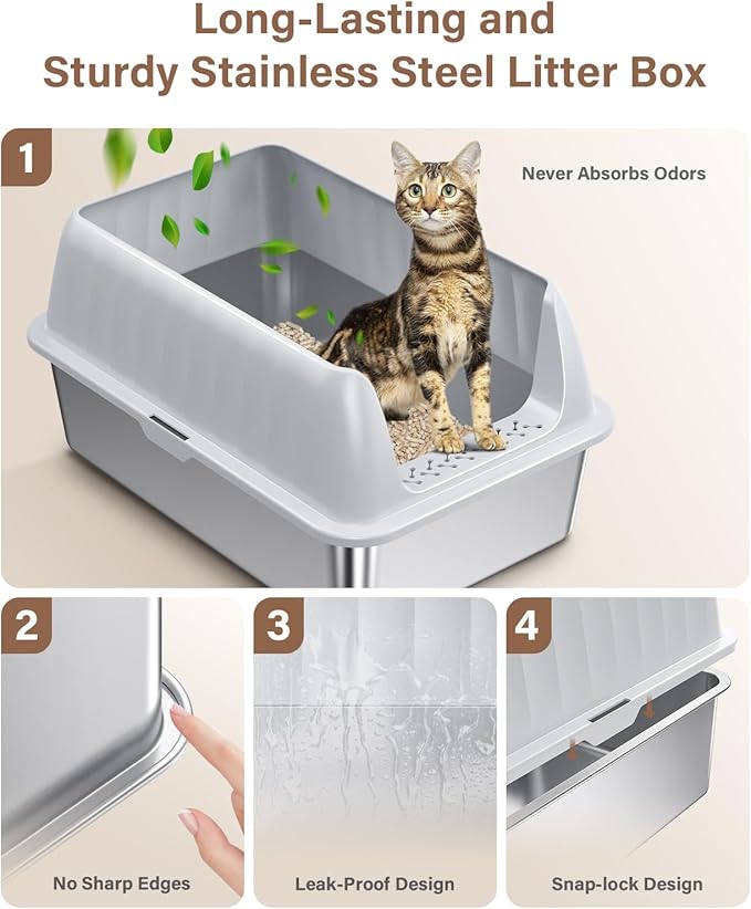 Stainless Steel Cat Litter Box XL with Lid, Enclosed Metal Extra Large Litter Box Pan High Sided with Scoop for Big Cats, Non-Sticky, Anti-Urine Leakage, Easy Cleaning