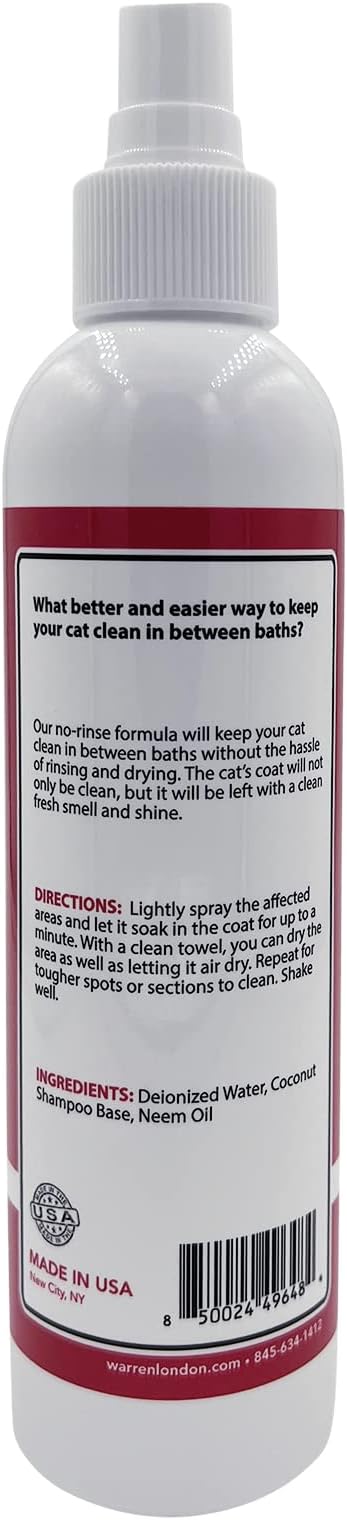 Warren London Cat Dry Shampoo Spray – 8 oz No-Rinse Waterless Cleaner with Neem & Coconut | Mild Citrus Odor Control, Dander & Itch Relief | Quick On-The-Go Grooming | Soap-Free, Made in USA