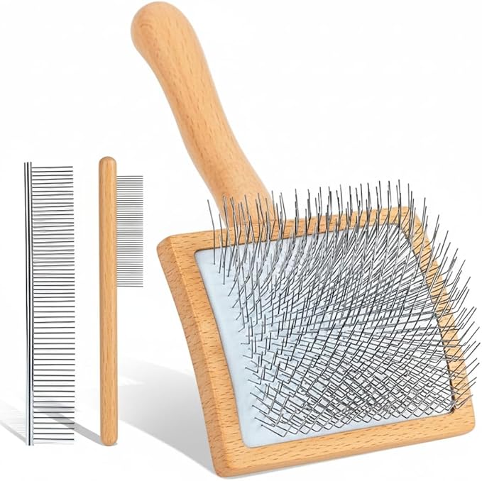 Slicker Brush for Dogs, Large Long Pin Dog Grooming Brush for Doodles Goldendoodles Poodles Labradoodle Bernedoodles, 3 Pcs Wooden Handle for Mats Tangles - Wood