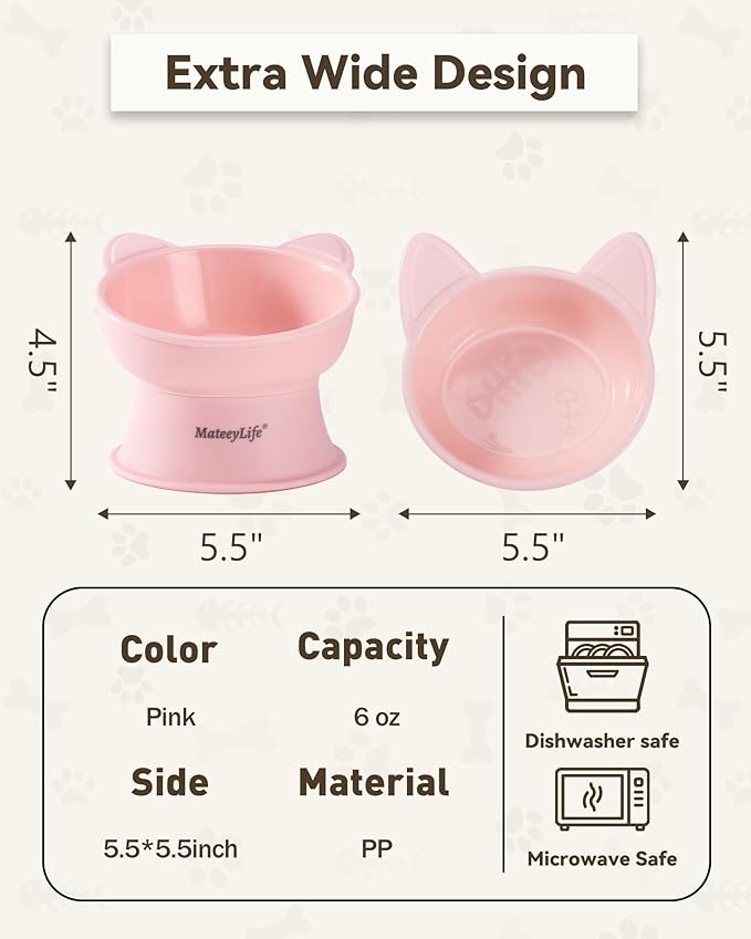 MateeyLife Raised Cat Bowls, Cat Food Bowl Elevated for Kittens & Small Dogs, 15°Tilted Protect Pets' Neck and Anti Vomiting, Whisker Friendly Food & Water Feeding Bowl, 6 oz Each - Pink