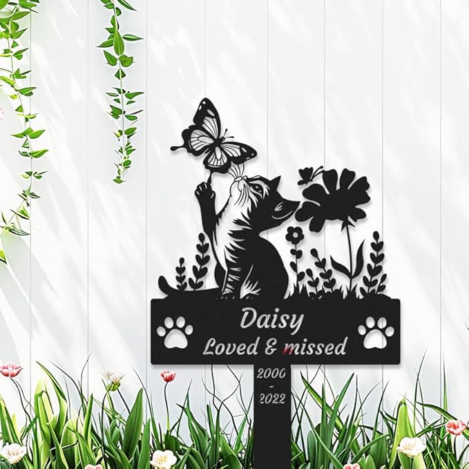 Custom Butterfly Cat Memorial Grave Marker, Personalized Flowers Cat Memorial Stake Metal Pet Name Memorial Plaque with Paws, Customized Pet Grave Marker Cemetery Grave Plaque for Cat Owner