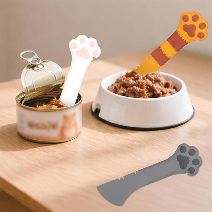 TOYMIS 3pcs Dog Cat Food Spoon, Silicone Can Opener Paw Design Multifunctional Pet Spatula Scoop Wet Food Mixing Spoons for Pet Supplies (White, Yellow, Grey)