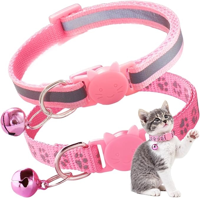 2 Pack Pink Cat Collar with Bells, Claw Print Reflective Kitten Collars Breakaway Safety Buckle Adjustable for Girl and Boy Kitty Pets