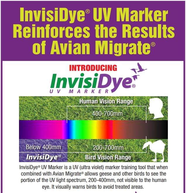 Goose Repellent UV Marker, Goose and Bird Detterent for Avian Migrate, Improves The Longevity of The Avian Migrate, Trains Geese and Birds to Avoid Areas, Invisidye (Two 8 oz Bottles)