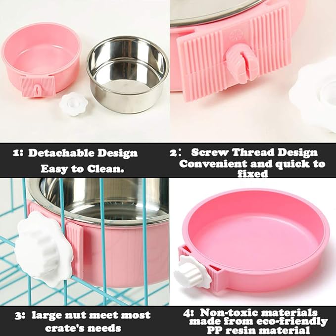 Love Dream Crate Dog Cat Bowls, Removable Stainless Steel Hanging Pet Cage Bowls for Kennel, Water Food Feeder Cage Coop Cup for Cats, Dogs, Rabbits and Small Animals (Large, Pink)