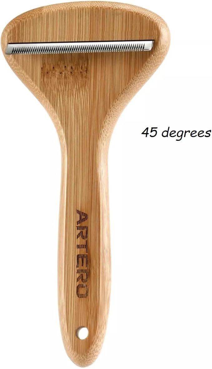 T Shaped Wood Handle Dog Deshedding Tools Loose Hair and Undercoat Removal No Damage (45 Degree)
