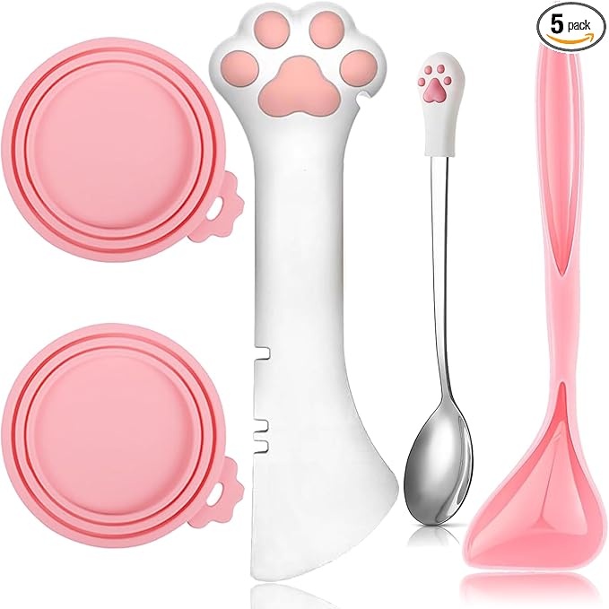 5 Pcs Pet Food Can Supplies Set - Dog and Cat Food Lid, Can Opener, Spoons for Wet Food (Pink)