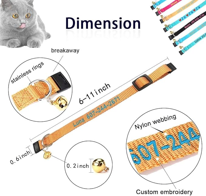 1PCS Personalized Cat Collar with Bell,Custom Cat Collars with Name and Phone Number Adjustable Nylon Embroidered ID Collar for Cat with Breakaway Safety Release Buckle
