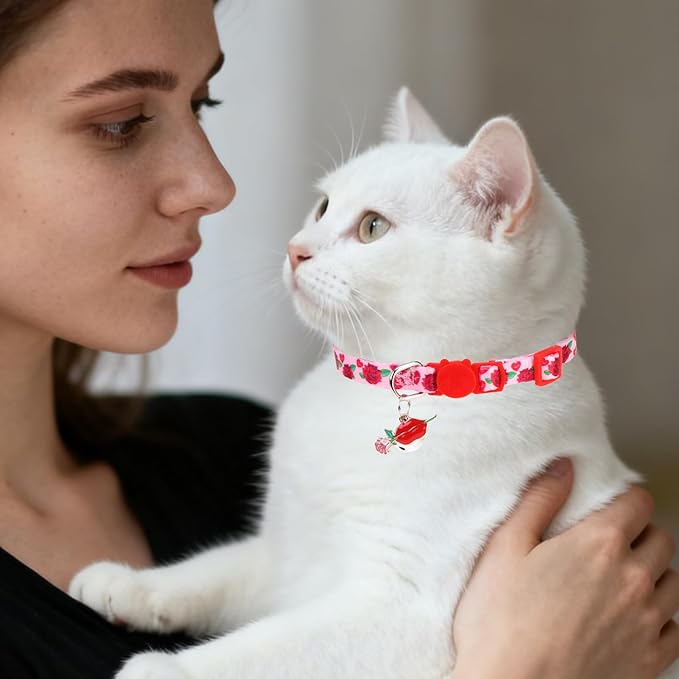 PUPTECK Valentine Breakaway Cute Cat Collar with Bell Charm for Kitty, 2 Packs Adjustable Kitten Collars Rose and Love Pattern, Pink, 7.8-11.8 in