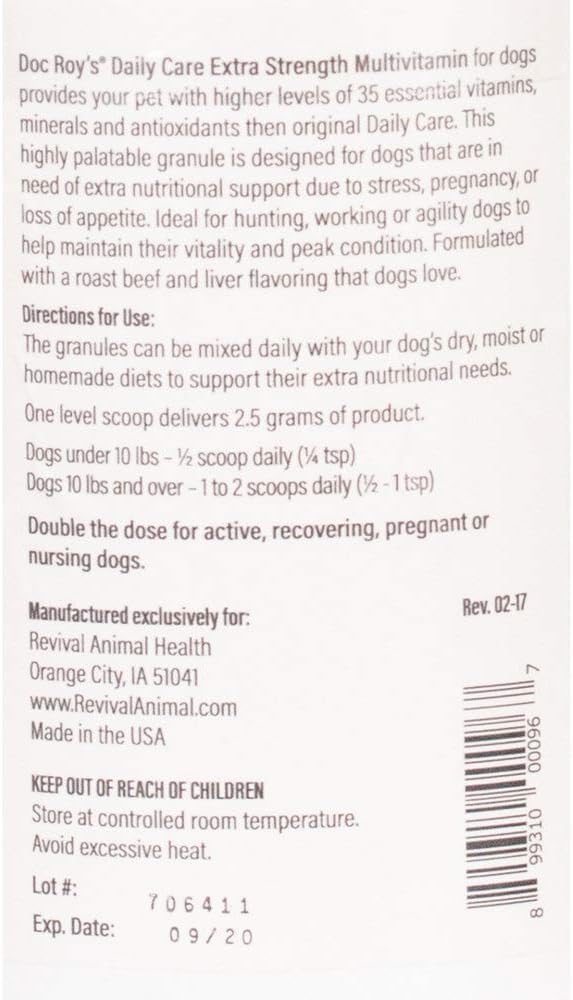 Doc Roy's Daily Care Extra Canine, Advanced Multivitamin Supplement for Dogs, Supports Energy, Immune, Muscle, Bone & Brain Health, Provides Vitamins A C D3 E B Complex, Iron Zinc, 400g Granules
