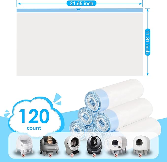 Cat Litter Bags 120 Count, 21.65"x11.8" Drawstring Close Litter Box Liners for Automatic Litter Box,Thick Cat Poop Bags,Easy to Clean,Heavy Duty Robot Bag for Self-Cleaning Box
