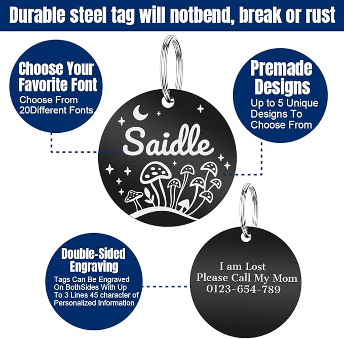Personalized Dog Tags and Cat Tags, Stainless Steel Pet ID Tags, Collar Charm Engraved on Both Sides, up to 4 Lines of Custom Text, Various Patterns and Colors Options (Circular)