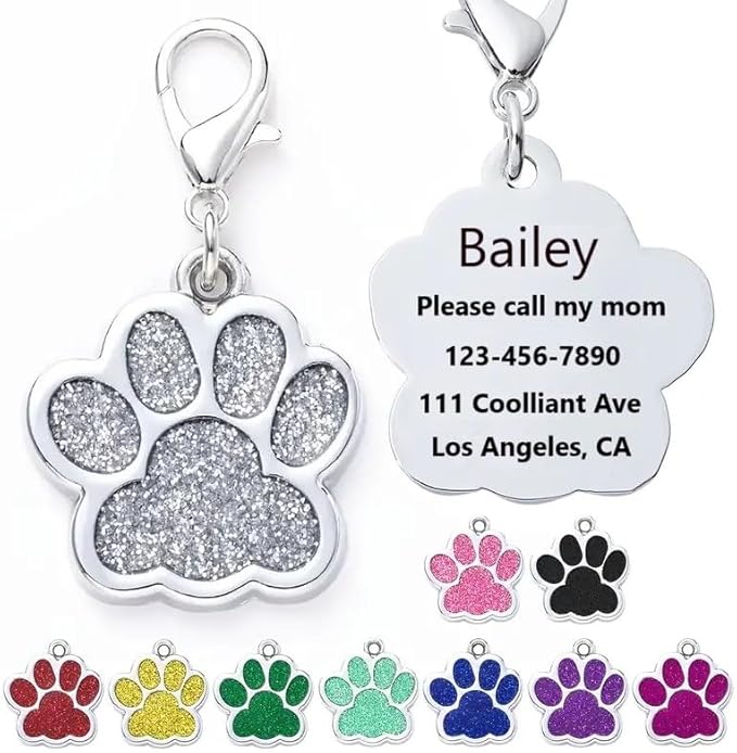 Cute Personalized Pet Name Tags for Cats/Dogs - Glitter Custom pet id tag, Dog id Tags Engraved for Pets, Customizable cat tag, pet Collar Charms, Dog Name tag (Paw-Shaped-Small: Purple)