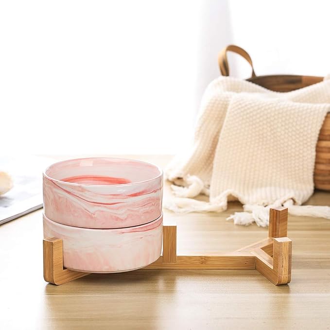Marble Pink Ceramic Cat Dog Bowl Dish with Wood Stand No Spill Pet Food Water Feeder Cats Small Dogs Set of 2