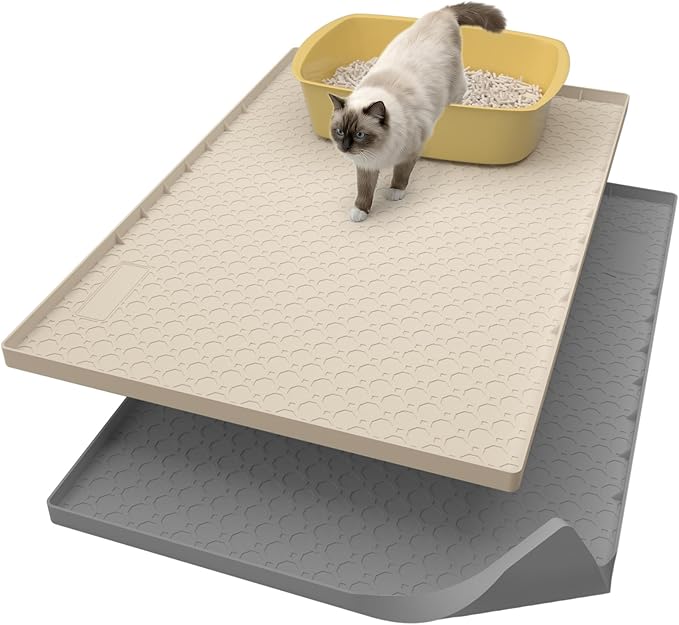 2pcs 34"x22" Litter Mats Extra Large Easy Clean, Cat Litter Mat Large, Silicone Dog or Cats Feeding mat Waterproof, Cat Litter Mats for Indoor Cats, Grey and Beige