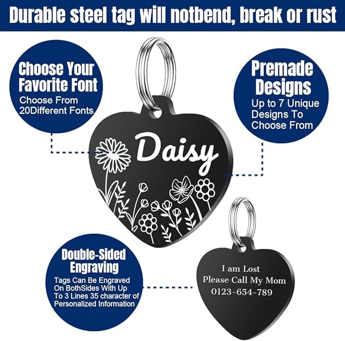 Personalized Dog Tags, Stainless Steel Pet Tags Personalized Cat, Collar Charm Engraved on Both Sides, up to 4 Lines of Custom Text, Multiple Patterns Colors Size Options (Daisy, XSmall)