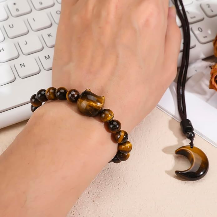 Black Obsidian Cat Bracelet and Moon Pendant Necklace Jewelry Set-Cat Lover Gifts,Wealth Attraction,Good Luck,Bead Bracelet,Mindfulness,Beaded Bracelets, Obsidian Pendant Necklace-Cute Gifts for Women