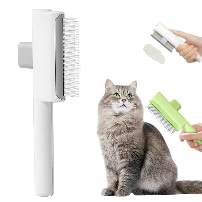 Pet Hair Removal Comb Flea Comb, 2025 Upgrade Cat Grooming Brush, Cat Brush with Release Button, De-Shedding Hair, Dog Grooming Supplies, Fine-Tooth Massage (White)
