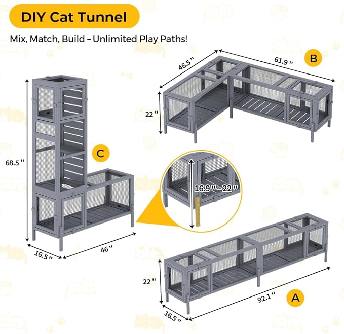 COZIWOW Wooden Cat Play Tunnel with Platforms | Configurable Window Catio | Multi-Combination Extendable Cat Run for Indoor/Outdoor Use | Small Pet Play Enclosure