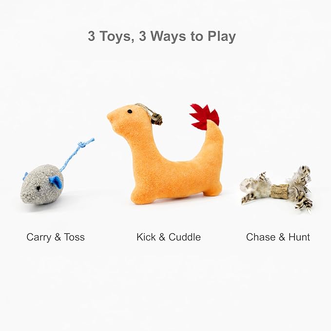 3 Pack Cat Toys for Indoor Cats - Silvervine & Catnip Toy Set with Feather, Plush Dragon Kick Toy, Mouse Toy for Chasing, Kicking & Chewing, Natural Cat Enrichment Toys