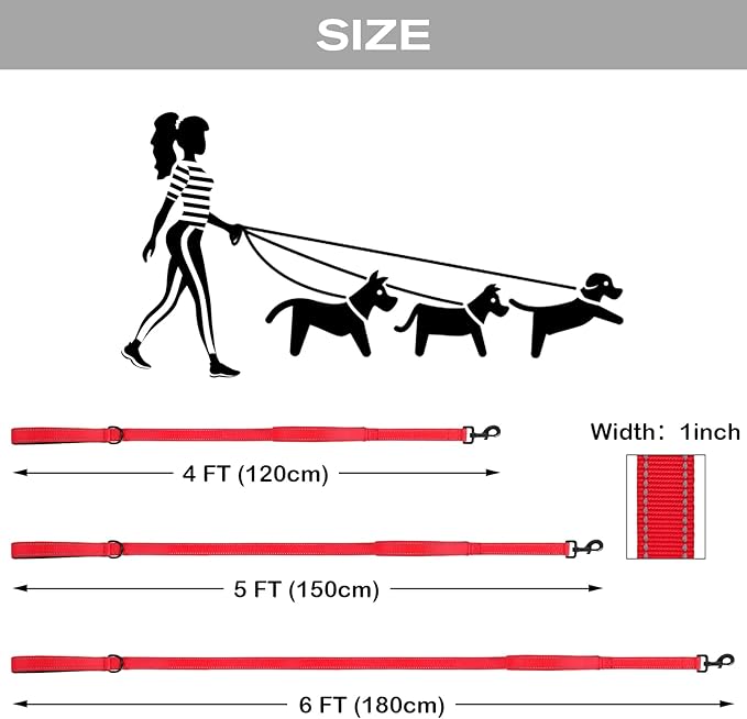 Joytale Dog Leash Heavy Duty for Large Dogs that Pull, Double Handle for Traffic Control, Double-Sided Reflective Leashes for Large Medium Dogs Night Safety, 5FT, Red