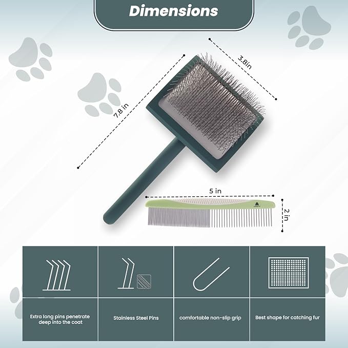 Self- Cleaning Slicker Brush for Dogs Suitable for Short & Long Haired Dogs and Effective Deshedding for Pet Grooming, Undercoat Removal, Tangle-Free Fur (Green Brush + Comb)