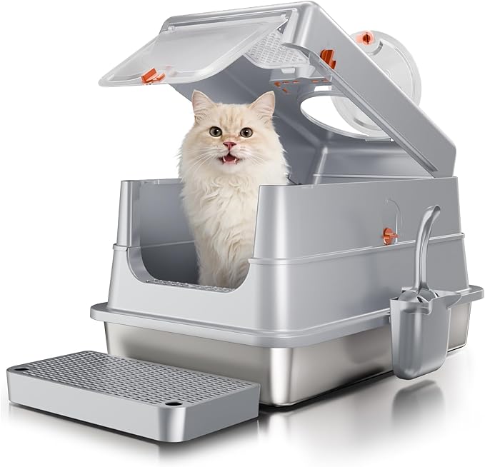 Stainless Steel Cat Litter Box with Lid, Extra Large Enclosed Metal Litter Pan with High Sides, Full Flip Cover Litter Box for Large Cat, Include Scoop & Step, Leak Proof Easy Clean Odor Control, Grey