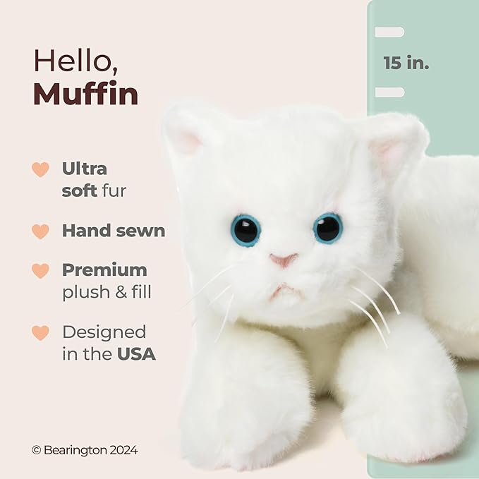 Bearington Muffin White Cat Stuffed Animal - 15" Realistic White Cat Stuffy with Soft Plush Fur and Floppy Body - Adorable Stuffed Kitty Cats for Girls - Gift for Kids, Toddlers and Kitten Lovers