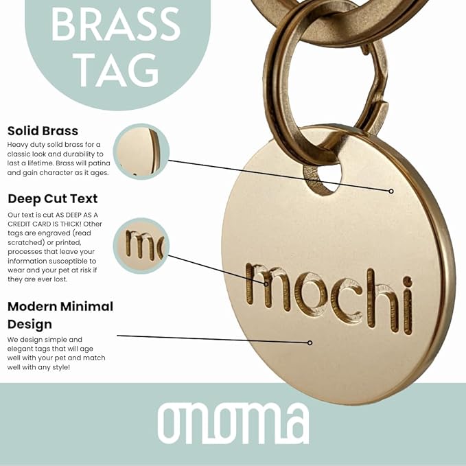 Solid Brass PET TAG - Modern, Minimal Pet IDs. Durable, Lifetime Tags with deep Cut Text. Includes Space for Two Phone Numbers. (Arch)